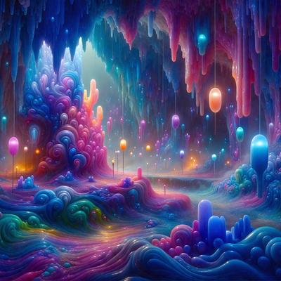 The primary subject of the image is a vibrant and colorful cave with a variety of shapes and colors. The cave is filled with a multitude of balloons, creating a lively and playful atmosphere. The setting is a dark and mysterious underground cave, with the background featuring a mix of colors and patterns. The visual style of the image is a digital art or illustration, showcasing the artist's creativity and imagination. The dominant colors and overall mood of the image are energetic, fun
